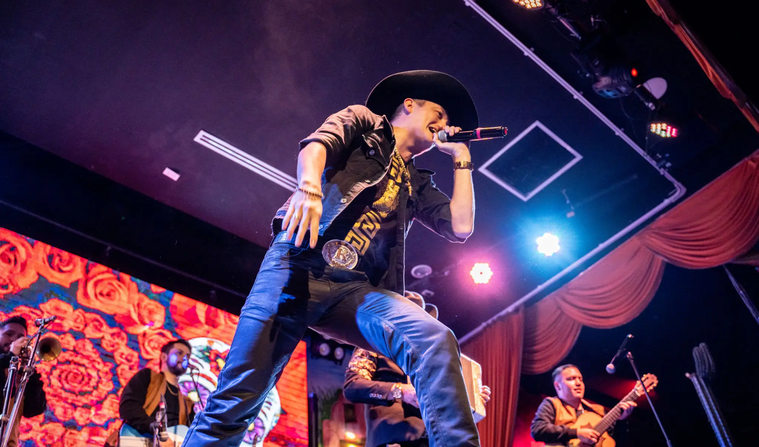 Singer in cowboy hat performing on stage